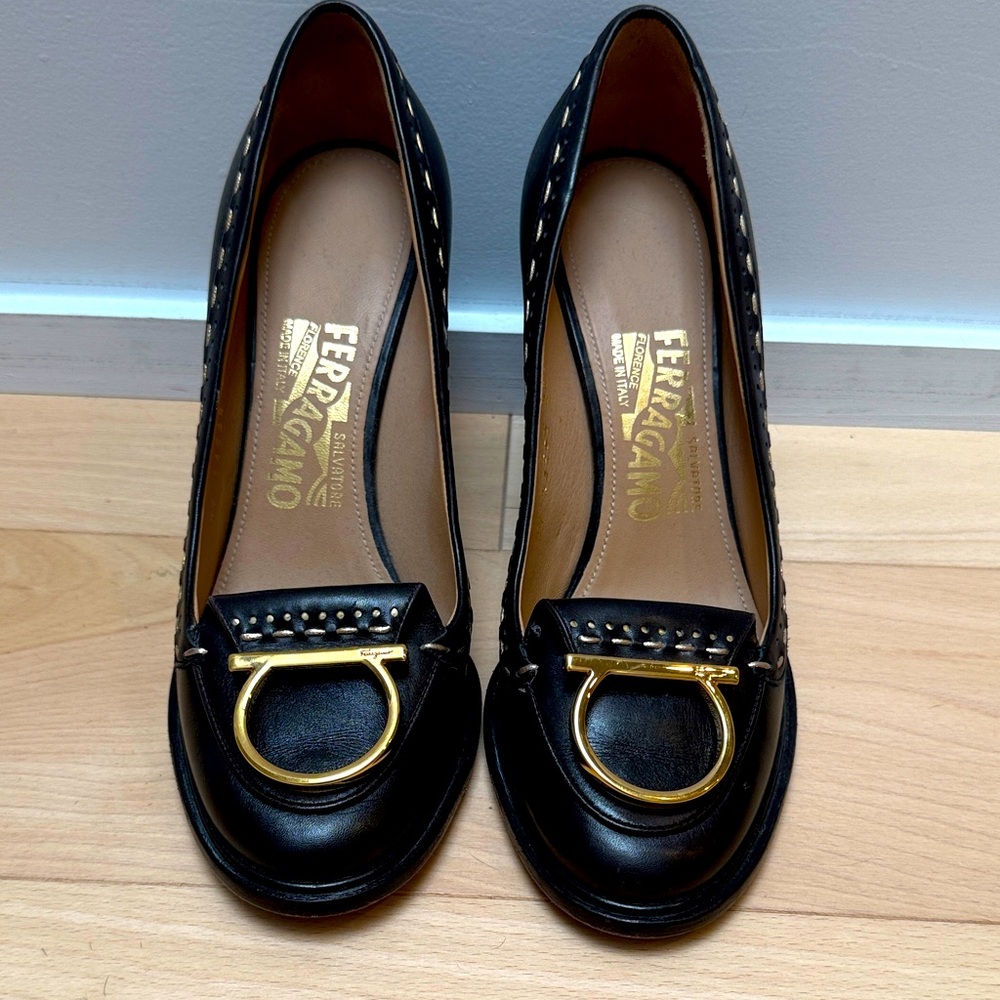 Salvatore Ferragamo Black Flats with Gold Buckle